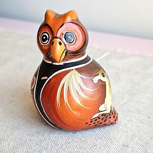 Elias Regin Tonala Mexico Painted Folk Art Brown Owl Ceramic Figurine w/Horse